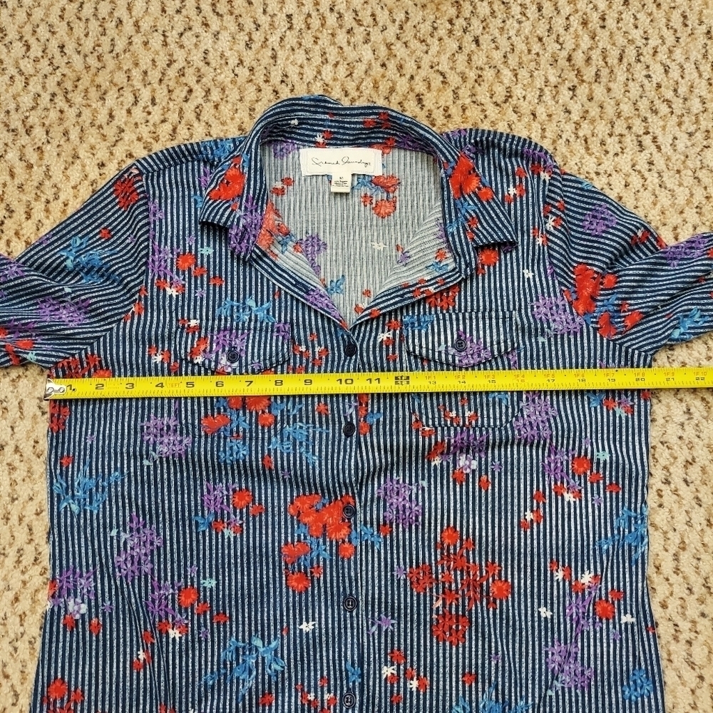 French Laundry Womens Size M Blue Floral Striped Button Front Blouse Long Sleeve - Picture 8 of 14